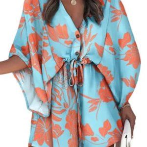 Light Blue Silk Dress with Orange Floral Print: Kimono Sleeves